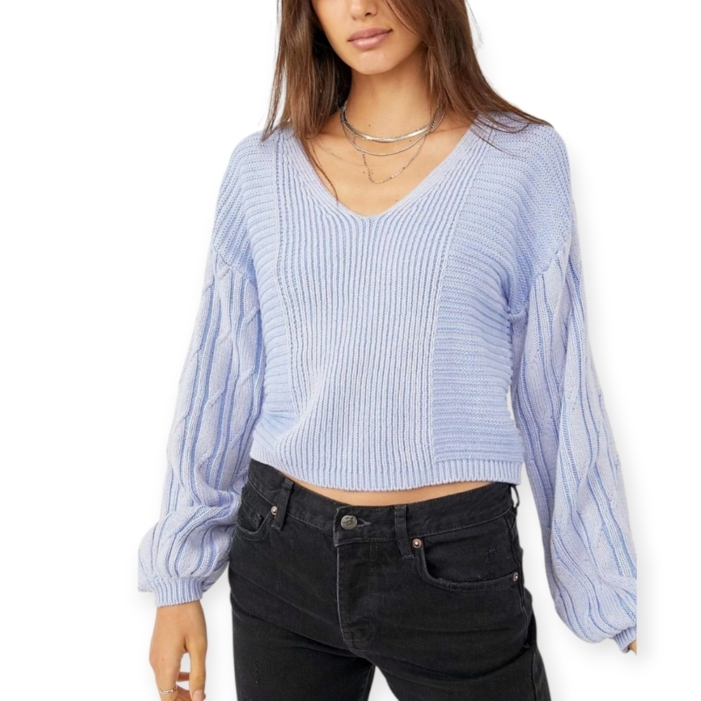 Free People When It Rains V-Neck Cable Knit Crop Sweater Balloon Sleeves Blue XS
